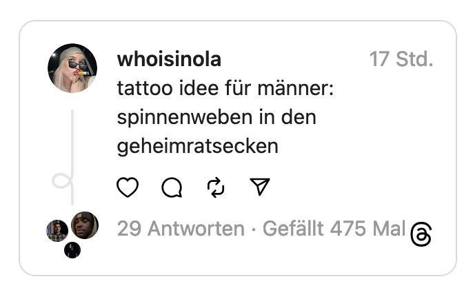 whoisinola tattoo idee für männer: spinnenweben in den geheimratsecken