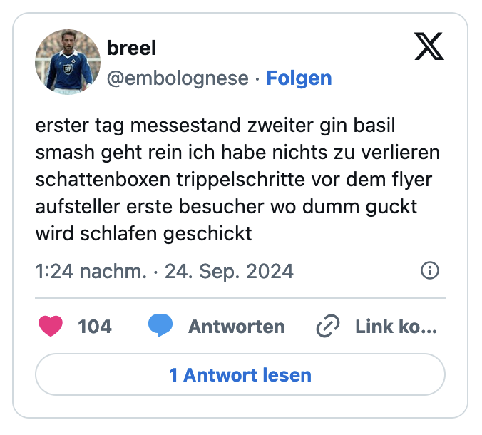 erster tag messestand zweiter gin basil smash geht rein ich habe nichts zu verlieren schattenboxen trippelschritte vor dem flyer aufsteller erste besucher wo dumm guckt wird schlafen geschickt