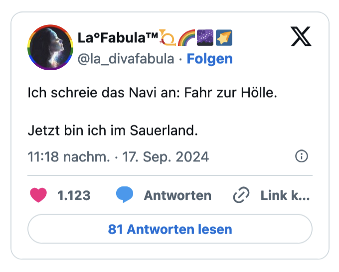 Ich schreie das Navi an: Fahr zur Hölle. Jetzt bin ich im Sauerland.