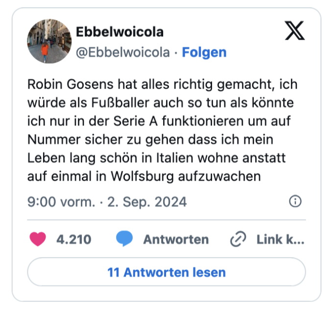 Robin Gosens hat alles richtig gemacht, ich würde als Fußballer auch so tun als könnte ich nur in der Serie A funktionieren um auf Nummer sicher zu gehen dass ich mein Leben lang schön in Italien wohne anstatt auf einmal in Wolfsburg aufzuwachen