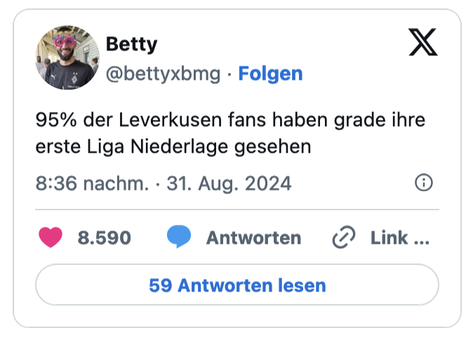 95% der Leverkusen fans haben grade ihre erste Liga Niederlage gesehen