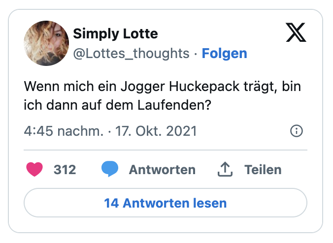 Wenn mich ein Jogger Huckepack trägt, bin ich dann auf dem Laufenden?
