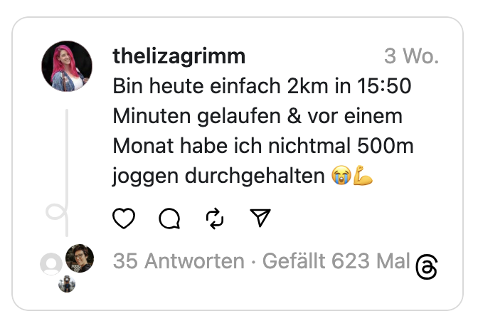 Bin heute einfach 2km in 15:50 Minuten gelaufen & vor einem Monat habe ich nichtmal 500m joggen durchgehalten 😭💪
