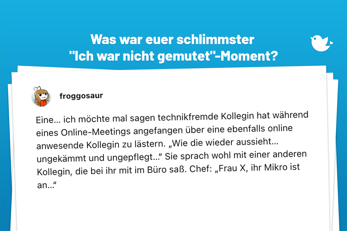 Eine… ich möchte mal sagen technikfremde Kollegin hat während eines Online-Meetings angefangen über eine ebenfalls online anwesende Kollegin zu lästern. „Wie die wieder aussieht… ungekämmt und ungepflegt…“ Sie sprach wohl mit einer anderen Kollegin, die bei ihr mit im Büro saß. Chef: „Frau X, ihr Mikro ist an…“
