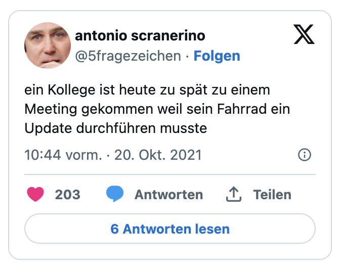 ein Kollege ist heute zu spät zu einem Meeting gekommen weil sein Fahrrad ein Update durchführen musste
