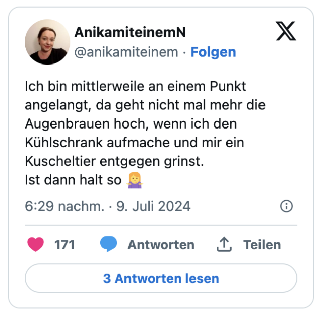 Ich bin mittlerweile an einem Punkt angelangt, da geht nicht mal mehr die Augenbrauen hoch, wenn ich den Kühlschrank aufmache und mir ein Kuscheltier entgegen grinst. 
Ist dann halt so 🤷‍♀️