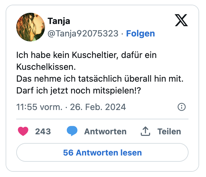 Ich habe kein Kuscheltier, dafür ein Kuschelkissen.
Das nehme ich tatsächlich überall hin mit.
Darf ich jetzt noch mitspielen!?
