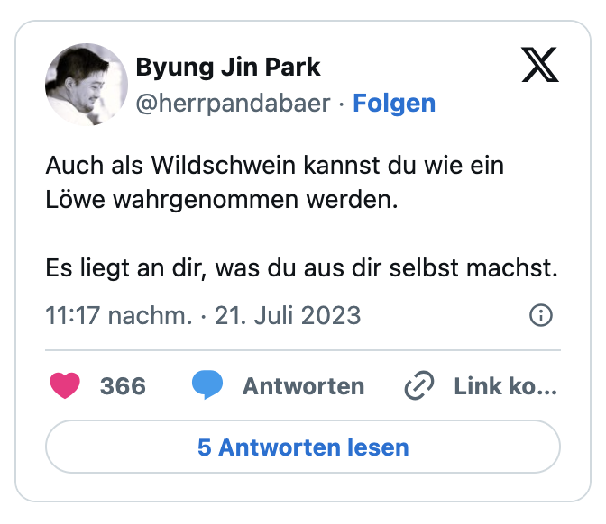 Auch als Wildschwein kannst du wie ein Löwe wahrgenommen werden.

Es liegt an dir, was du aus dir selbst machst.