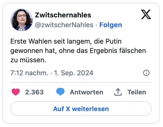 Erste Wahlen seit langem, die Putin gewonnen hat, ohne das Ergebnis fälschen zu müssen.
— Zwitschernahles (@zwitscherNahles)
