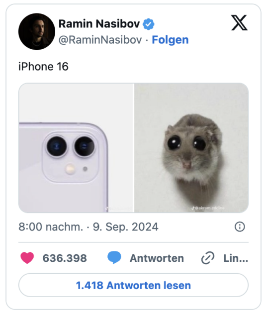 iPhone 16 pic.twitter.com/OANnocySXi
— Ramin Nasibov (@RaminNasibov)
