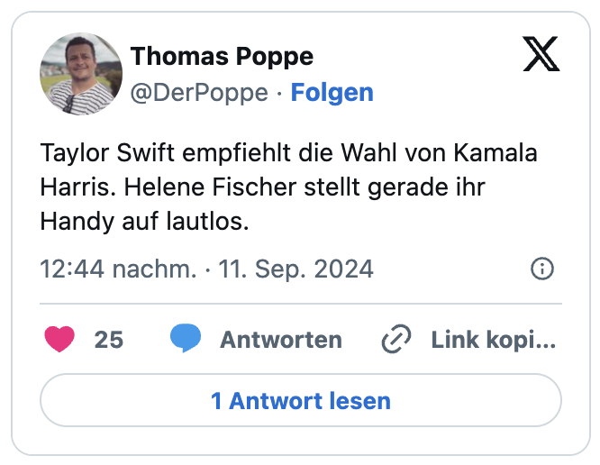 Taylor Swift empfiehlt die Wahl von Kamala Harris. Helene Fischer stellt gerade ihr Handy auf lautlos.
— Thomas Poppe (@DerPoppe)
