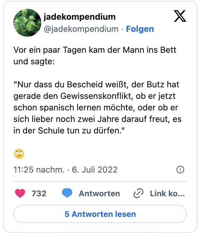 Vor ein paar Tagen kam der Mann ins Bett und sagte: "Nur dass du Bescheid weißt, der Butz hat gerade den Gewissenskonflikt, ob er jetzt schon spanisch lernen möchte, oder ob er sich lieber noch zwei Jahre darauf freut, es in der Schule tun zu dürfen." :gesicht_verdreht_augen: