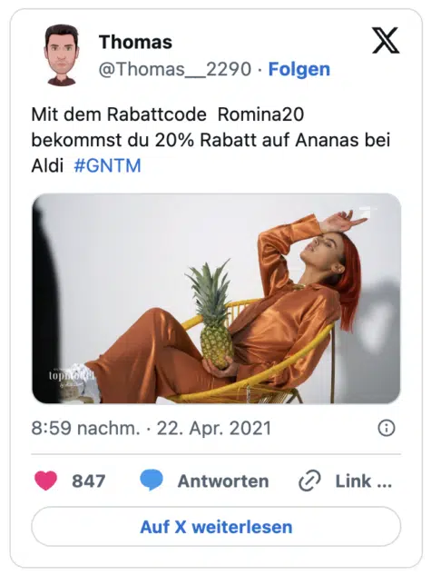 Mit dem Rabattcode Romina20 bekommst du 20% Rabatt auf Ananas bei Aldi #GNTM