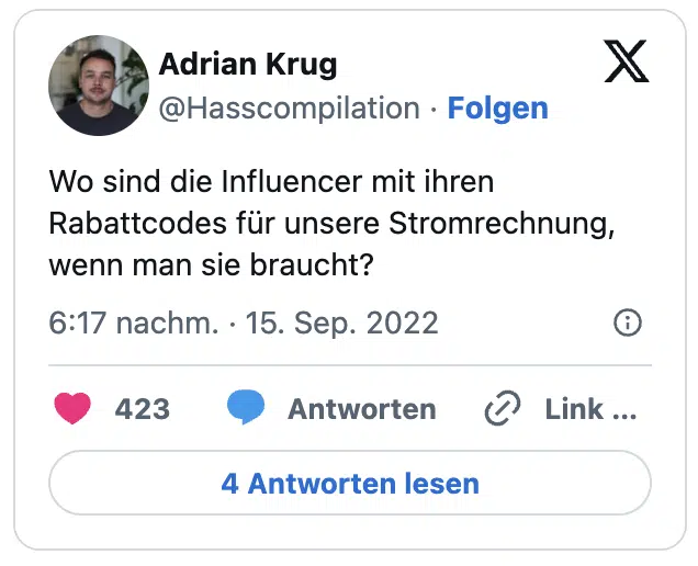 Wo sind die Influencer mit ihren Rabattcodes für unsere Stromrechnung, wenn man sie braucht?