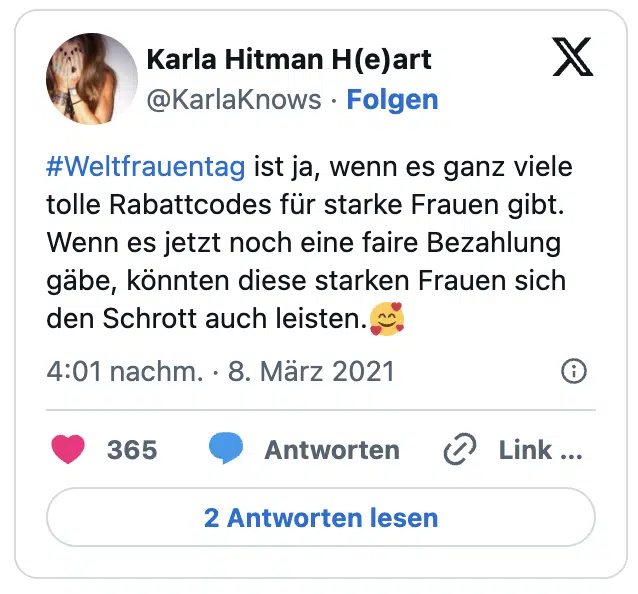 #Weltfrauentag ist ja, wenn es ganz viele tolle Rabattcodes für starke Frauen gibt.
Wenn es jetzt noch eine faire Bezahlung gäbe, könnten diese starken Frauen sich den Schrott auch leisten.:lächelndes_gesicht_mit_3_herzen: