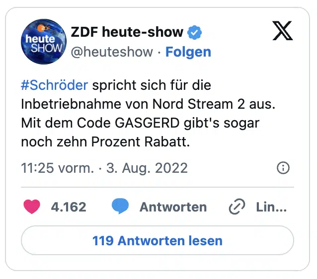 #Schröder spricht sich für die Inbetriebnahme von Nord Stream 2 aus.
Mit dem Code GASGERD gibt's sogar noch zehn Prozent Rabatt.
