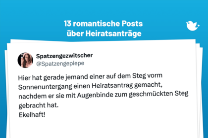 Hier hat gerade jemand einer auf dem Steg vorm Sonnenuntergang einen Heiratsantrag gemacht, nachdem er sie mit Augenbinde zum geschmückten Steg gebracht hat. Ekelhaft!