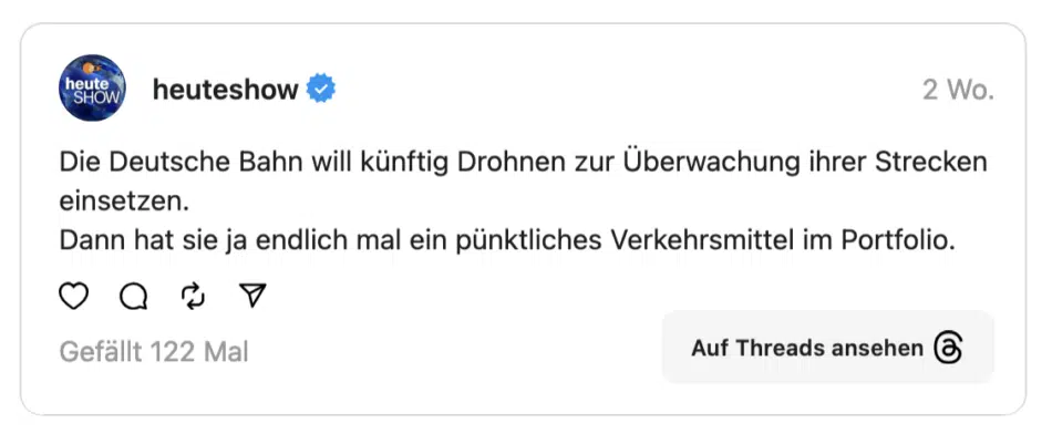 Die Deutsche Bahn will künftig Drohnen zur Überwachung ihrer Strecken einsetzen. Dann hat sie ja endlich mal ein pünktliches Verkehrsmittel im Portfolio