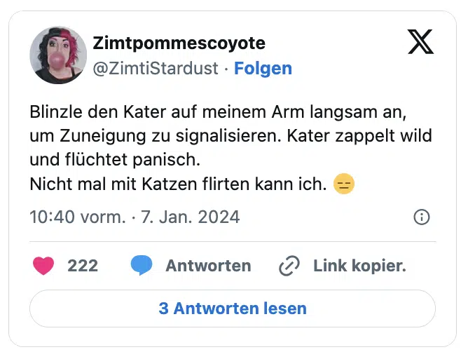 Blinzle den Kater auf meinem Arm langsam an, um Zuneigung zu signalisieren. Kater zappelt wild und flüchtet panisch.
Nicht mal mit Katzen flirten kann ich. 😑