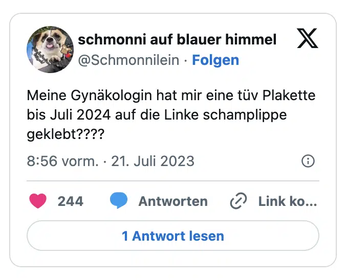 Meine Gynäkologin hat mir eine tüv Plakette bis Juli 2024 auf die Linke schamplippe geklebt????
