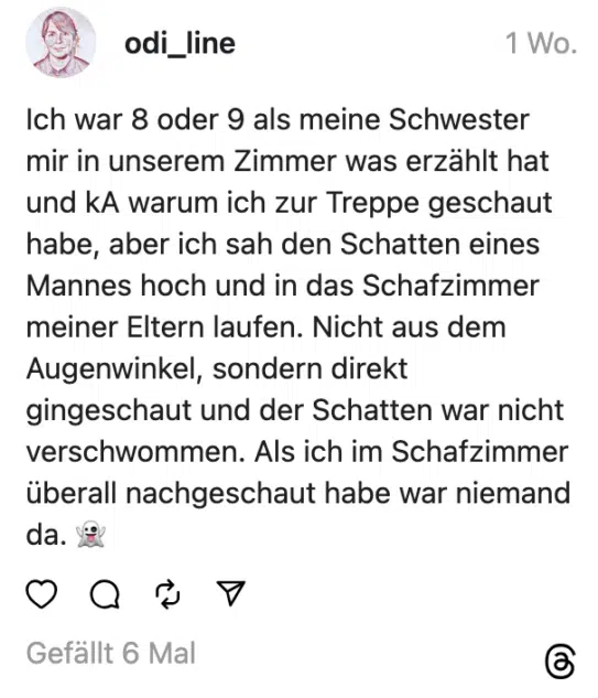 Ich war 8 oder 9 als meine Schwester mir in unserem Zimmer was erzählt hat und kA warum ich zur Treppe geschaut habe, aber ich sah den Schatten eines Mannes hoch und in das Schafzimmer meiner Eltern laufen. Nicht aus dem Augenwinkel, sondern direkt gingeschaut und der Schatten war nicht verschwommen. Als ich im Schafzimmer überall nachgeschaut habe war niemand da. 👻