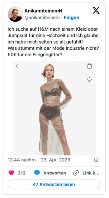 Ich suche auf H&M nach einem Kleid oder Jumpsuit für eine Hochzeit und ich glaube, ich habe mich selten so alt gefühlt! 
Was stummt mit der Mode Industrie nicht? 60€ für ein Fliegengitter?