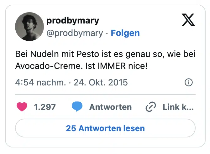 Bei Nudeln mit Pesto ist es genau so, wie bei Avocado-Creme. Ist IMMER nice!
