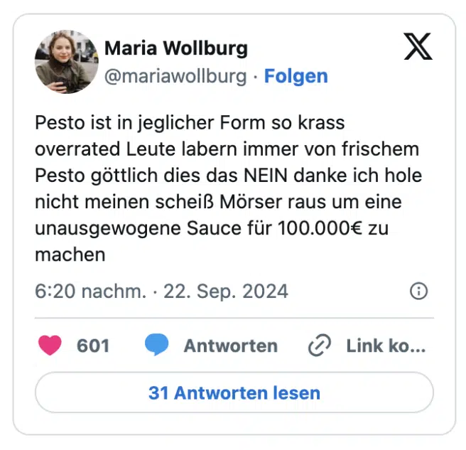 Pesto ist in jeglicher Form so krass overrated Leute labern immer von frischem Pesto göttlich dies das NEIN danke ich hole nicht meinen scheiß Mörser raus um eine unausgewogene Sauce für 100.000€ zu machen
