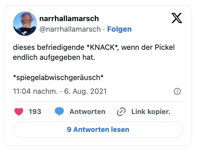 dieses befriedigende *KNACK*, wenn der Pickel endlich aufgegeben hat.

*spiegelabwischgeräusch*