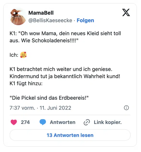 K1: "Oh wow Mama, dein neues Kleid sieht toll aus. Wie Schokoladeneis!!!!"

Ich: 🥰

K1 betrachtet mich weiter und ich geniese. Kindermund tut ja bekanntlich Wahrheit kund!
K1 fügt hinzu:

"Die Pickel sind das Erdbeereis!"