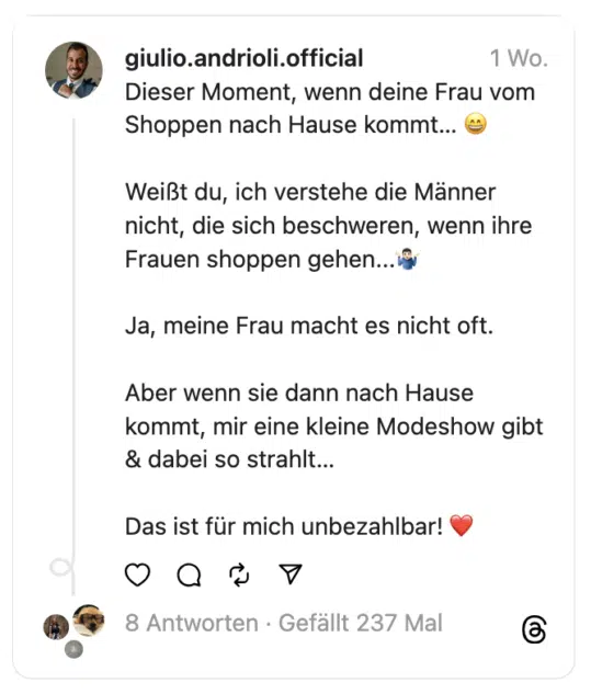 Dieser Moment, wenn deine Frau vom Shoppen nach Hause kommt… 😄
Weißt du, ich verstehe die Männer nicht, die sich beschweren, wenn ihre Frauen shoppen gehen...🤷🏻‍♂️
Ja, meine Frau macht es nicht oft.
Aber wenn sie dann nach Hause kommt, mir eine kleine Modeshow gibt & dabei so strahlt…
Das ist für mich unbezahlbar! ❤️
