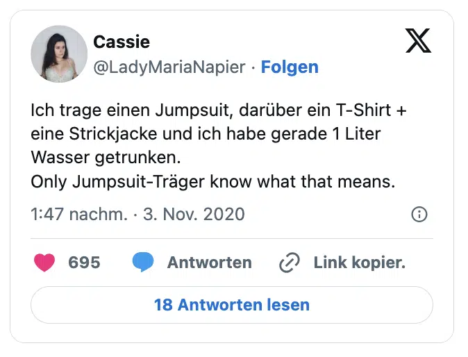 Ich trage einen Jumpsuit, darüber ein T-Shirt + eine Strickjacke und ich habe gerade 1 Liter Wasser getrunken. 
Only Jumpsuit-Träger know what that means.