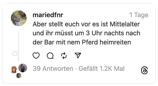 Aber stellt euch vor es ist Mittelalter und ihr müsst um 3 Uhr nachts nach der Bar mit nem Pferd heimreiten