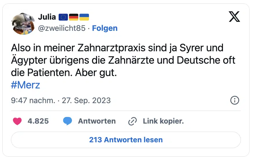 Also in meiner Zahnarztpraxis sind ja Syrer und Ägypter übrigens die Zahnärzte und Deutsche oft die Patienten. Aber gut.#Merz