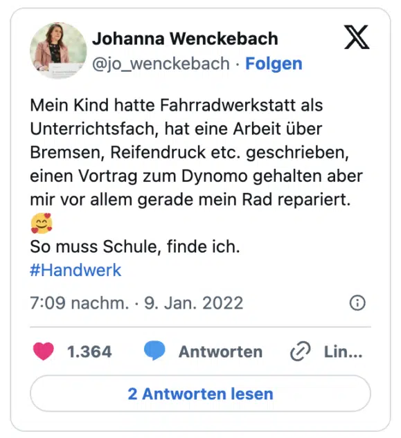Mein Kind hatte Fahrradwerkstatt als Unterrichtsfach, hat eine Arbeit über Bremsen, Reifendruck etc. geschrieben, einen Vortrag zum Dynomo gehalten aber mir vor allem gerade mein Rad repariert. :lächelndes_gesicht_mit_3_herzen:
So muss Schule, finde ich.
#Handwerk