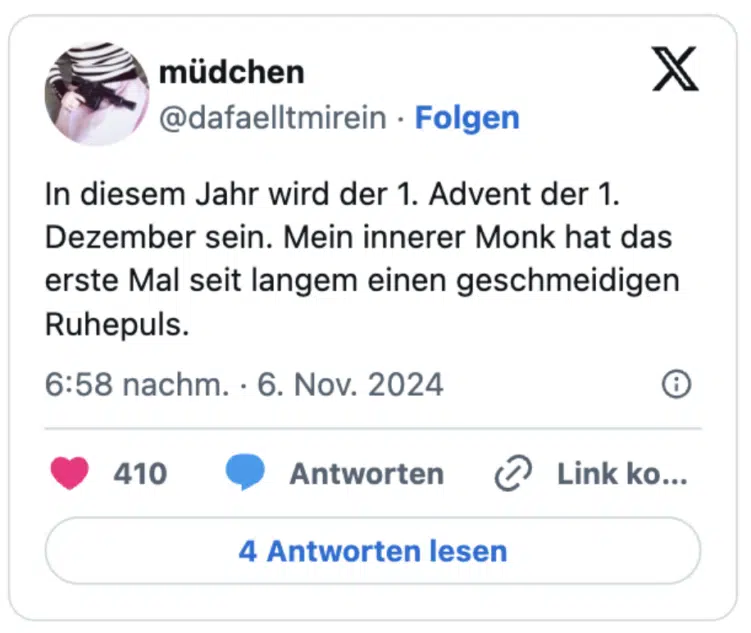 In diesem Jahr wird der 1. Advent der 1. Dezember sein. Mein innerer Monk hat das erste Mal seit langem einen geschmeidigen Ruhepuls.