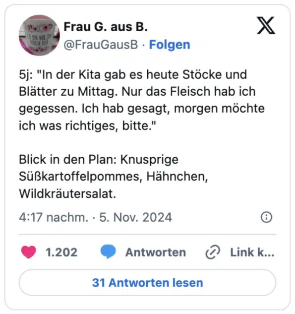 5j: "In der Kita gab es heute Stöcke und Blätter zu Mittag. Nur das Fleisch hab ich gegessen. Ich hab gesagt, morgen möchte ich was richtiges, bitte."

Blick in den Plan: Knusprige Süßkartoffelpommes, Hähnchen, Wildkräutersalat.