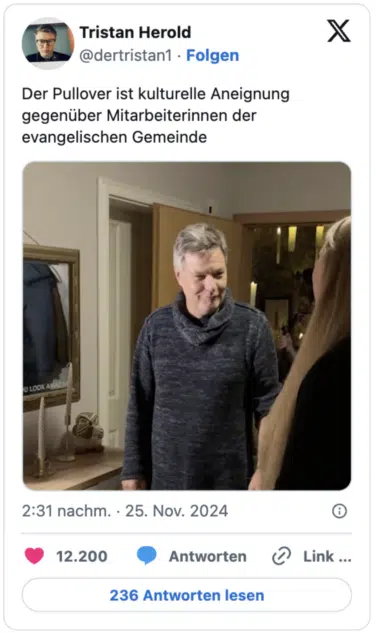 Der Pullover ist kulturelle Aneignung gegenüber Mitarbeiterinnen der evangelischen Gemeinde