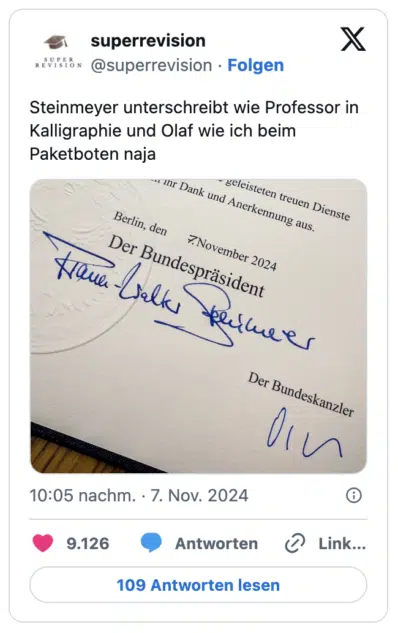 Steinmeyer unterschreibt wie Professor in Kalligraphie und Olaf wie ich beim Paketboten naja
