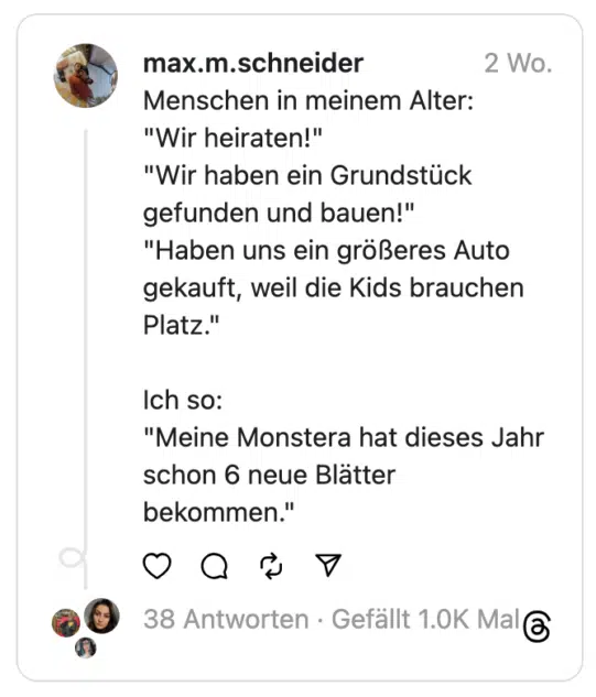 Menschen in meinem Alter:
"Wir heiraten!"
"Wir haben ein Grundstück gefunden und bauen!"
"Haben uns ein größeres Auto gekauft, weil die Kids brauchen Platz."
Ich so:
"Meine Monstera hat dieses Jahr schon 6 neue Blätter bekommen."