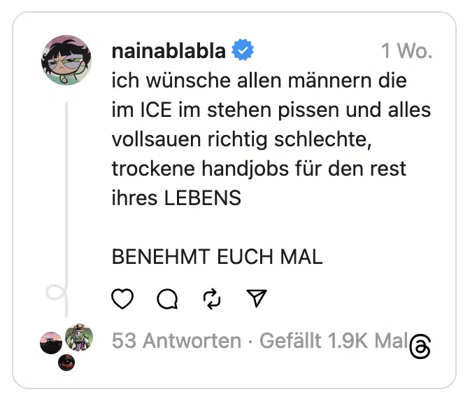 ich wünsche allen männern die im ICE im stehen pissen und alles vollsauen richtig schlechte, trockene handjobs für den rest ihres LEBENS