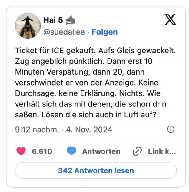Ticket für ICE gekauft. Aufs Gleis gewackelt. Zug angeblich pünktlich. Dann erst 10 Minuten Verspätung, dann 20, dann verschwindet er von der Anzeige. Keine Durchsage, keine Erklärung. Nichts. Wie verhält sich das mit denen, die schon drin saßen. Lösen die sich auch in Luft auf?