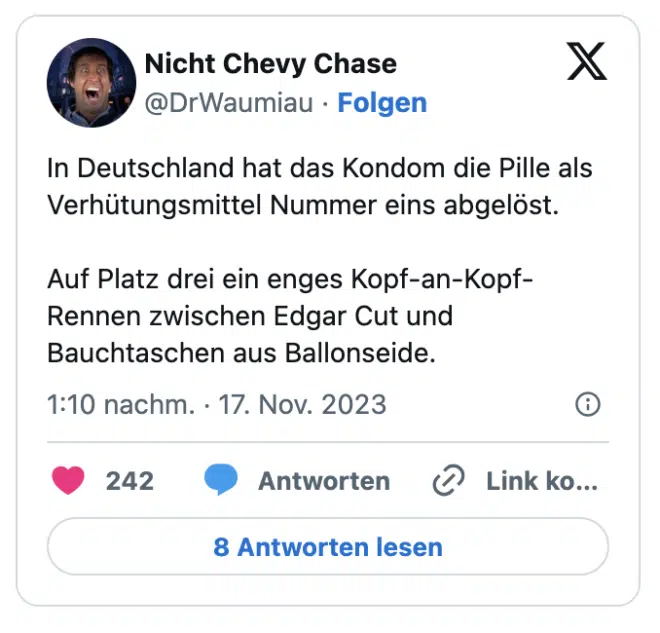 In Deutschland hat das Kondom die Pille als Verhütungsmittel Nummer eins abgelöst.

Auf Platz drei ein enges Kopf-an-Kopf-Rennen zwischen Edgar Cut und Bauchtaschen aus Ballonseide.