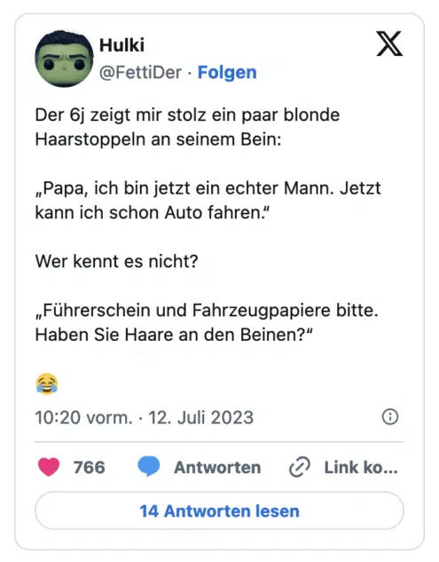 Der 6j zeigt mir stolz ein paar blonde Haarstoppeln an seinem Bein: „Papa, ich bin jetzt ein echter Mann. Jetzt kann ich schon Auto fahren." Wer kennt es nicht? „Führerschein und Fahrzeugpapiere bitte. Haben Sie Haare an den Beinen?"