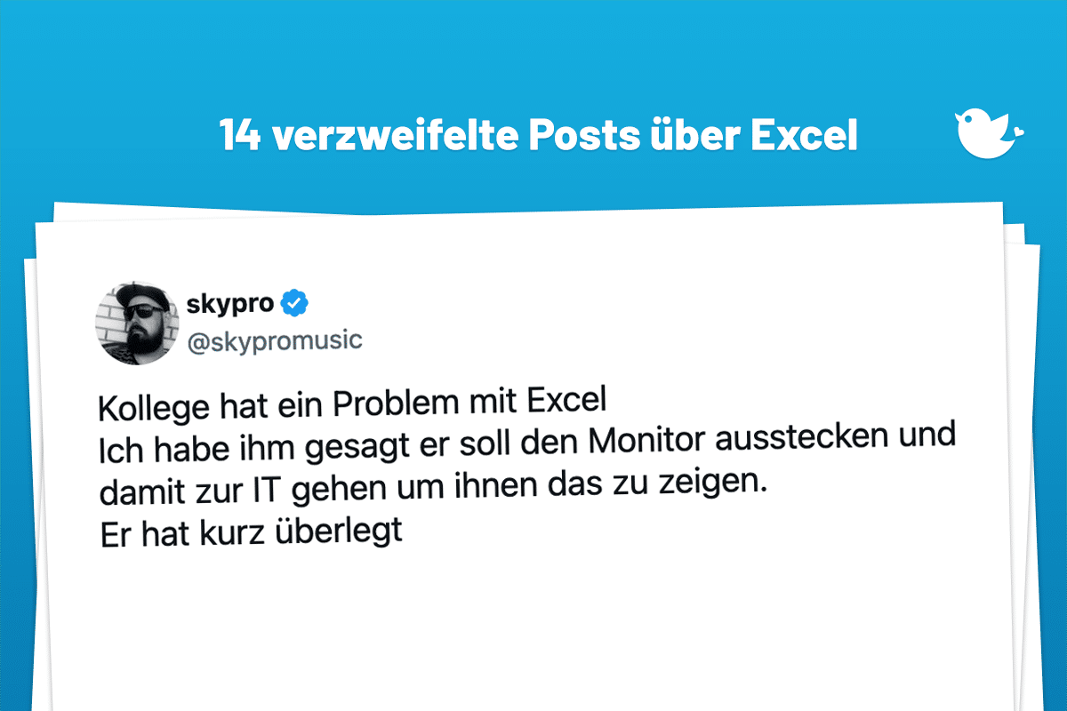 Kollege hat ein Problem mit Excel Ich habe ihm gesagt er soll den Monitor ausstecken und damit zur IT gehen um ihnen das zu zeigen. Er hat kurz überlegt 1