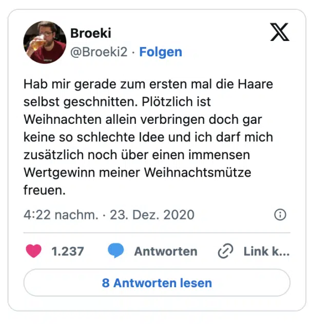 Kind 1 hat sich selbst die Haare geschnitten. Kind 2 nach kurzer Begutachtung: "Du siehst aus wie Rapunzel am Ende."
