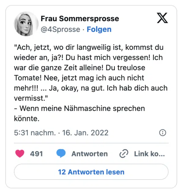 "Ach, jetzt, wo dir langweilig ist, kommst du wieder an, ja?! Du hast mich vergessen! Ich war die ganze Zeit alleine! Du treulose Tomate! Nee, jetzt mag ich auch nicht mehr!!! ... Ja, okay, na gut. Ich hab dich auch vermisst."
- Wenn meine Nähmaschine sprechen könnte.