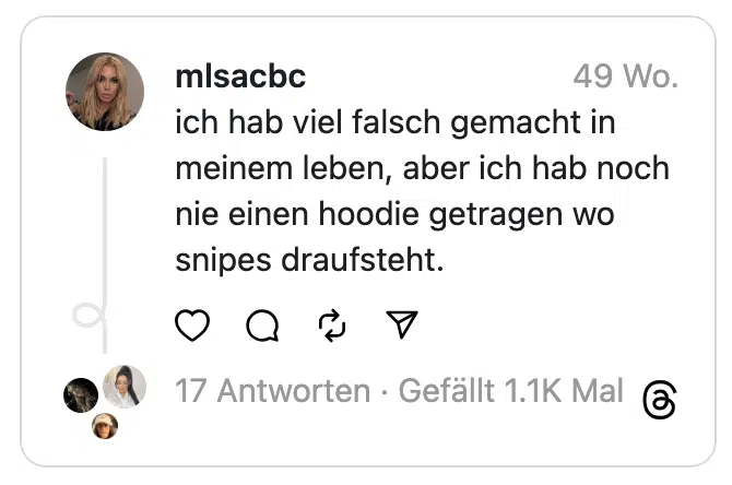 ich hab viel falsch gemacht in meinem leben, aber ich hab noch nie einen hoodie getragen wo snipes draufsteht.
