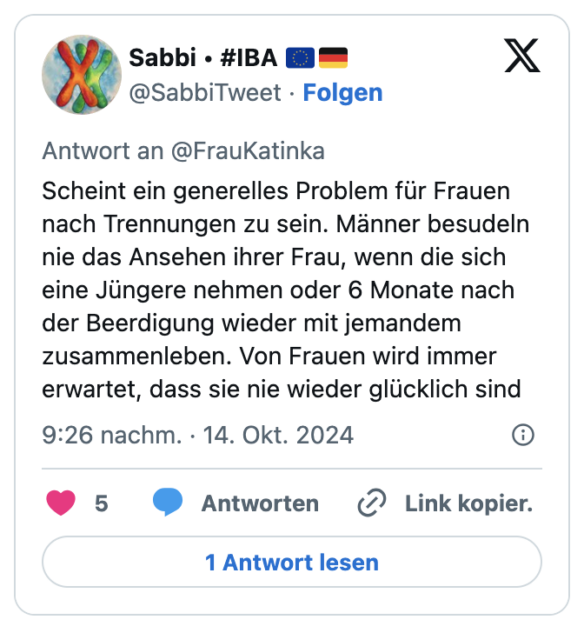 Scheint ein generelles Problem für Frauen nach Trennungen zu sein. Männer besudeln nie das Ansehen ihrer Frau, wenn die sich eine Jüngere nehmen oder 6 Monate nach der Beerdigung wieder mit jemandem zusammenleben. Von Frauen wird immer erwartet, dass sie nie wieder glücklich sind