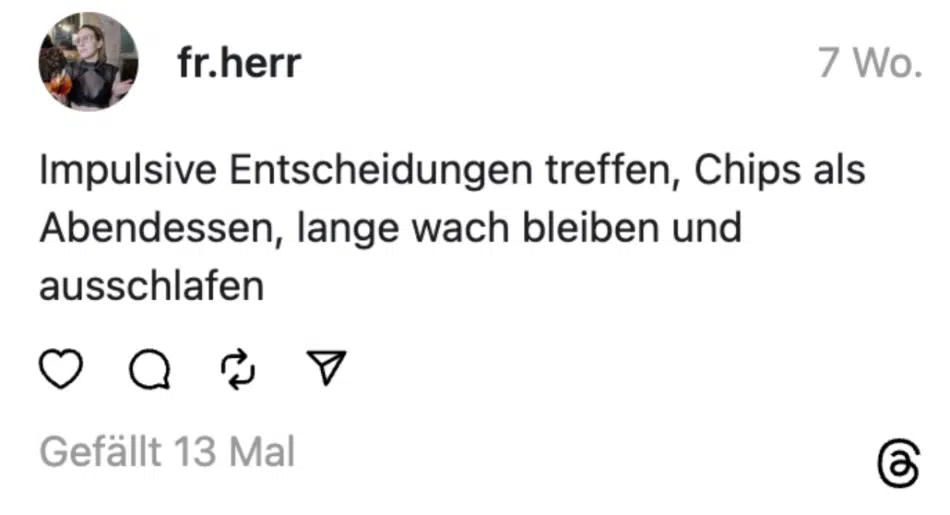 Impulsive Entscheidungen treffen, Chips als Abendessen, lange wach bleiben und ausschlafen